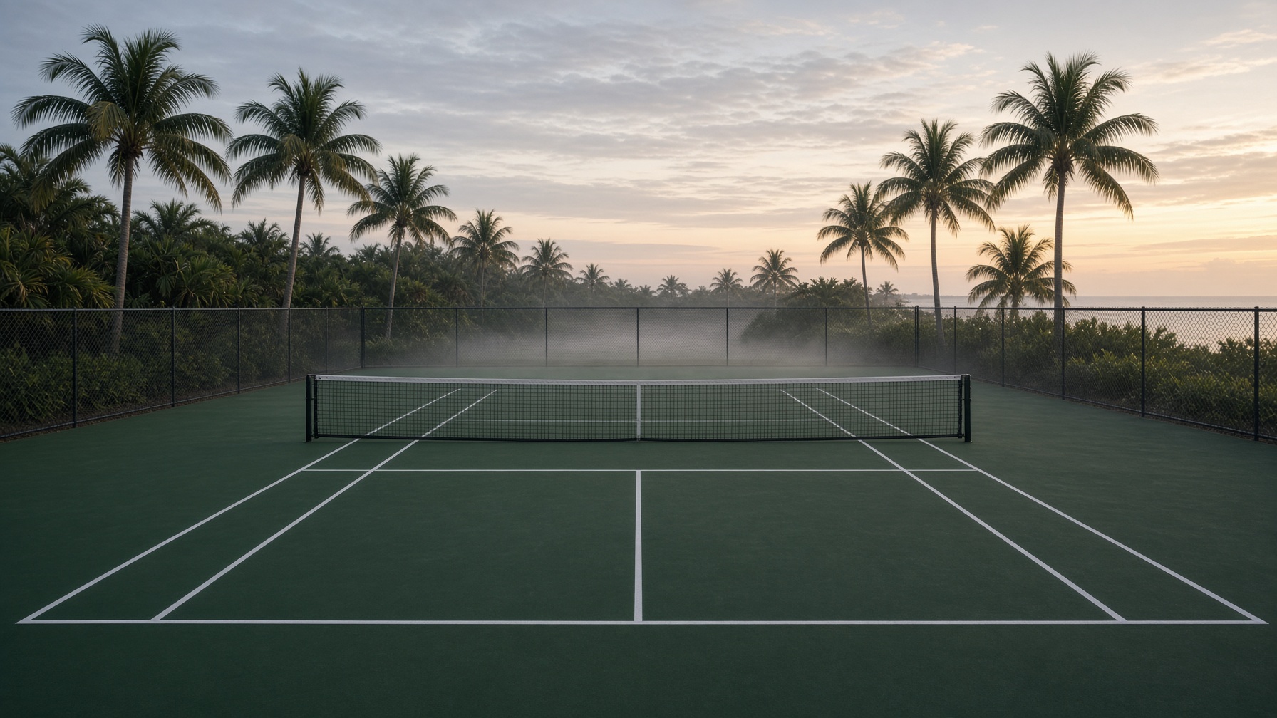 Empty outdoor pickleball court at first light