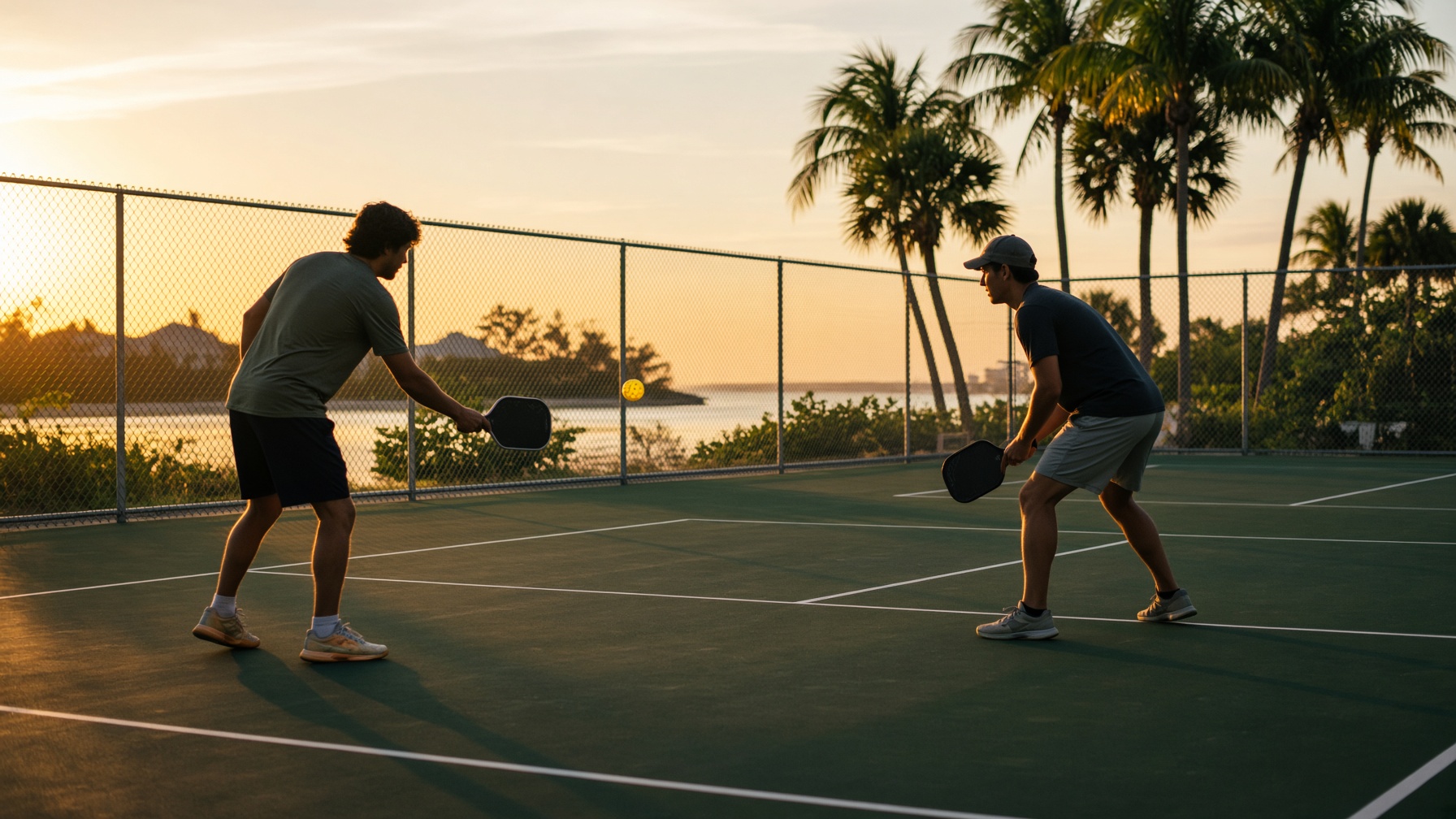 Players battling a dink rally at the kitchen line on an outdoor Florida court