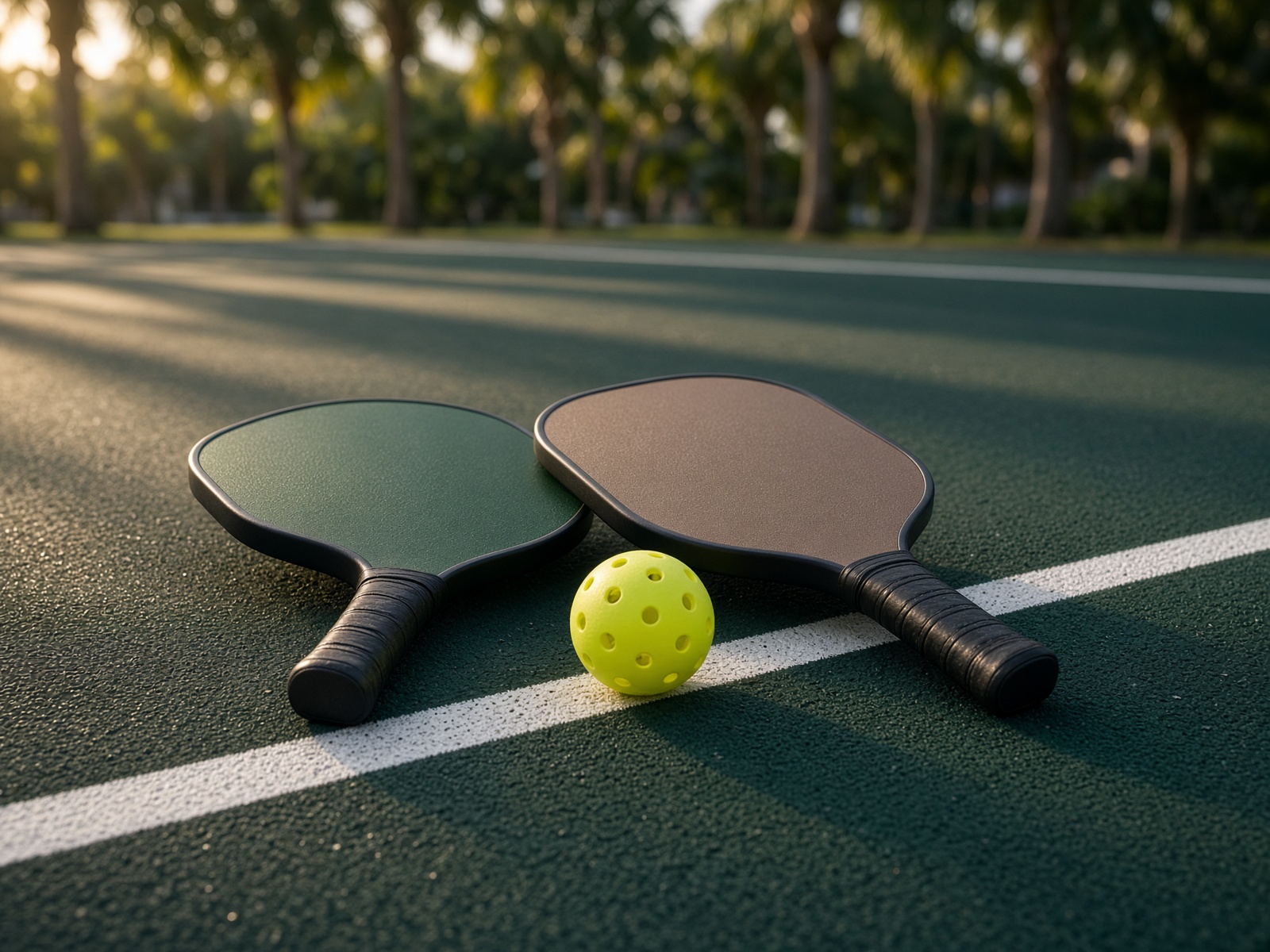 Paddles and a yellow pickleball resting on the kitchen line